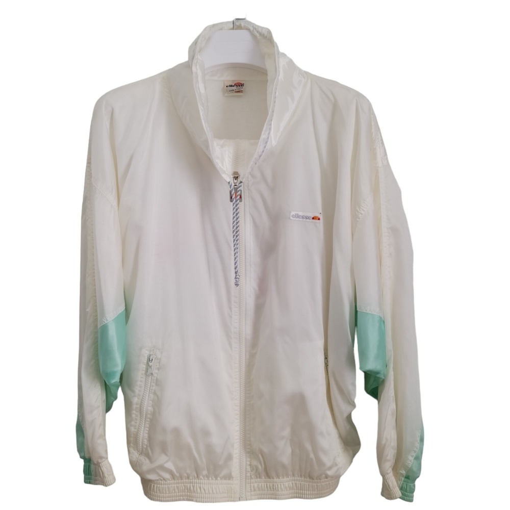 Ellesse Windbreaker Jacket Womens 12 White Mint Full Zip 90s Retro Vintage Italy